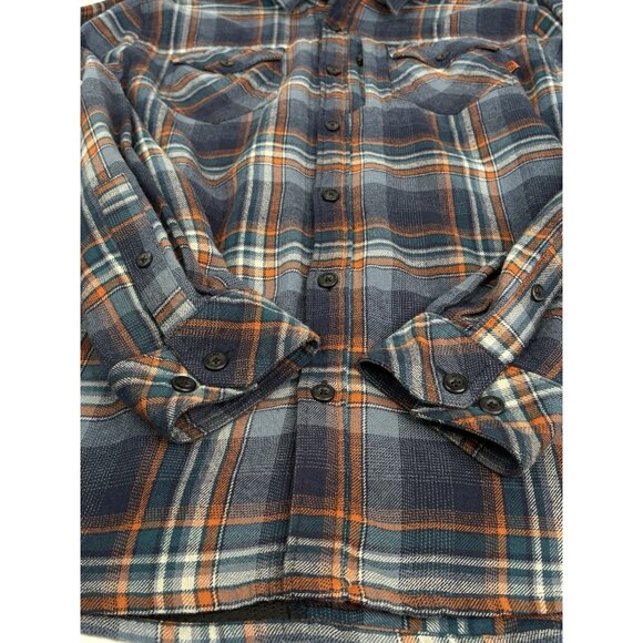 Off The Grid Destroyer Flannel Shirt Men’s XL Blue Orange Plaid Long Sleeve - Picture 7 of 14
